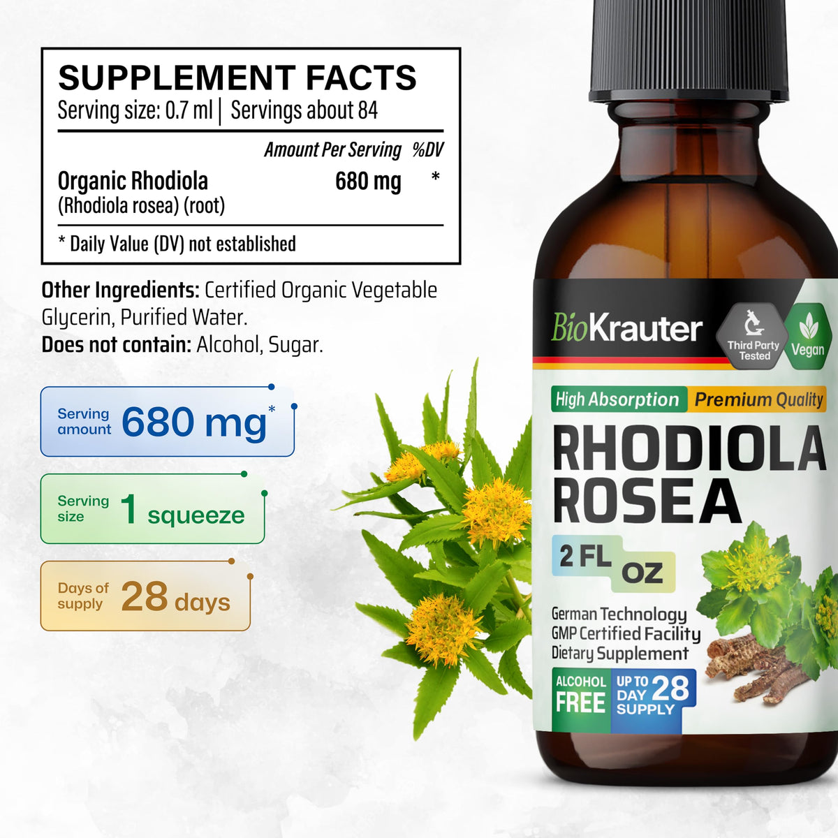 Ingrédients de la teinture de Rhodiola Rosea BIO KRAUTER