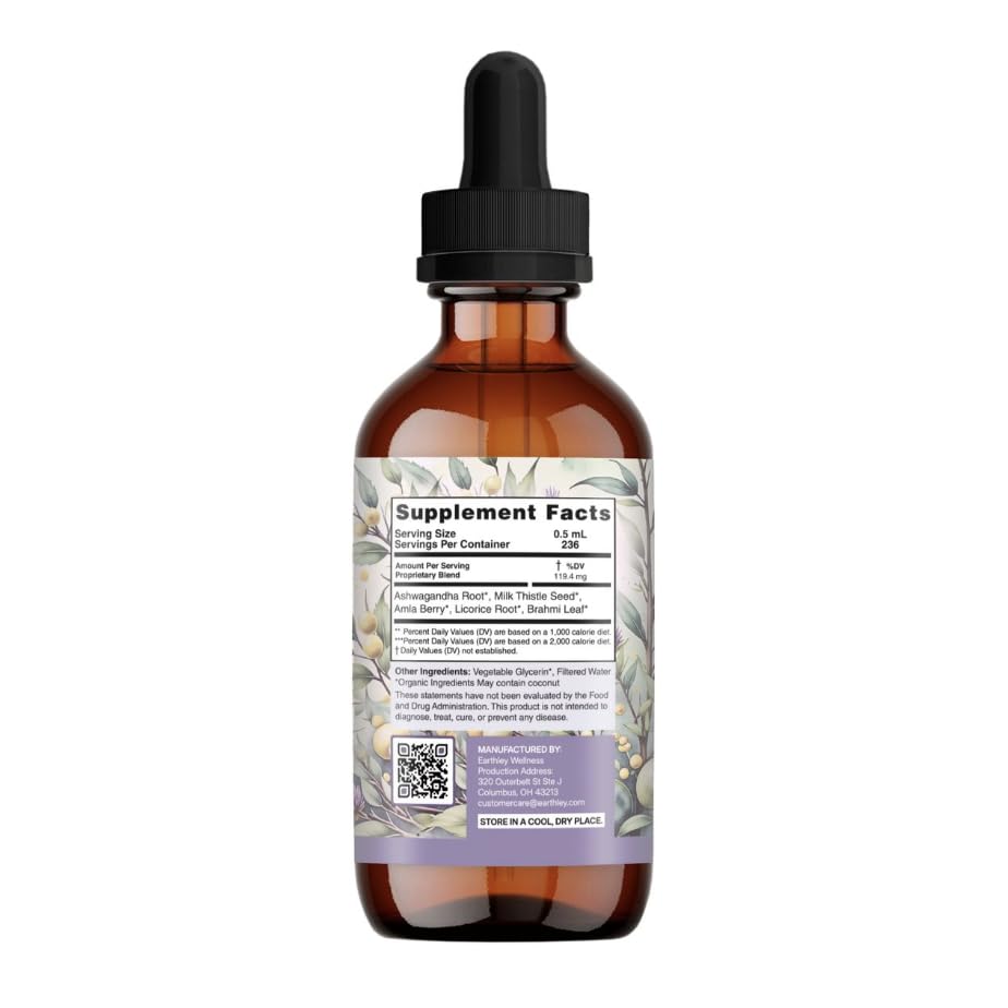 Ingrédients de la teinture Earthley Wellness sur fond blanc
