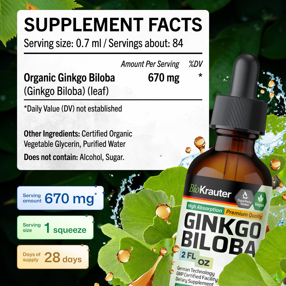 Ingrédients de la teinture Ginkgo Biloba BIO KRAUTER sur fond blanc