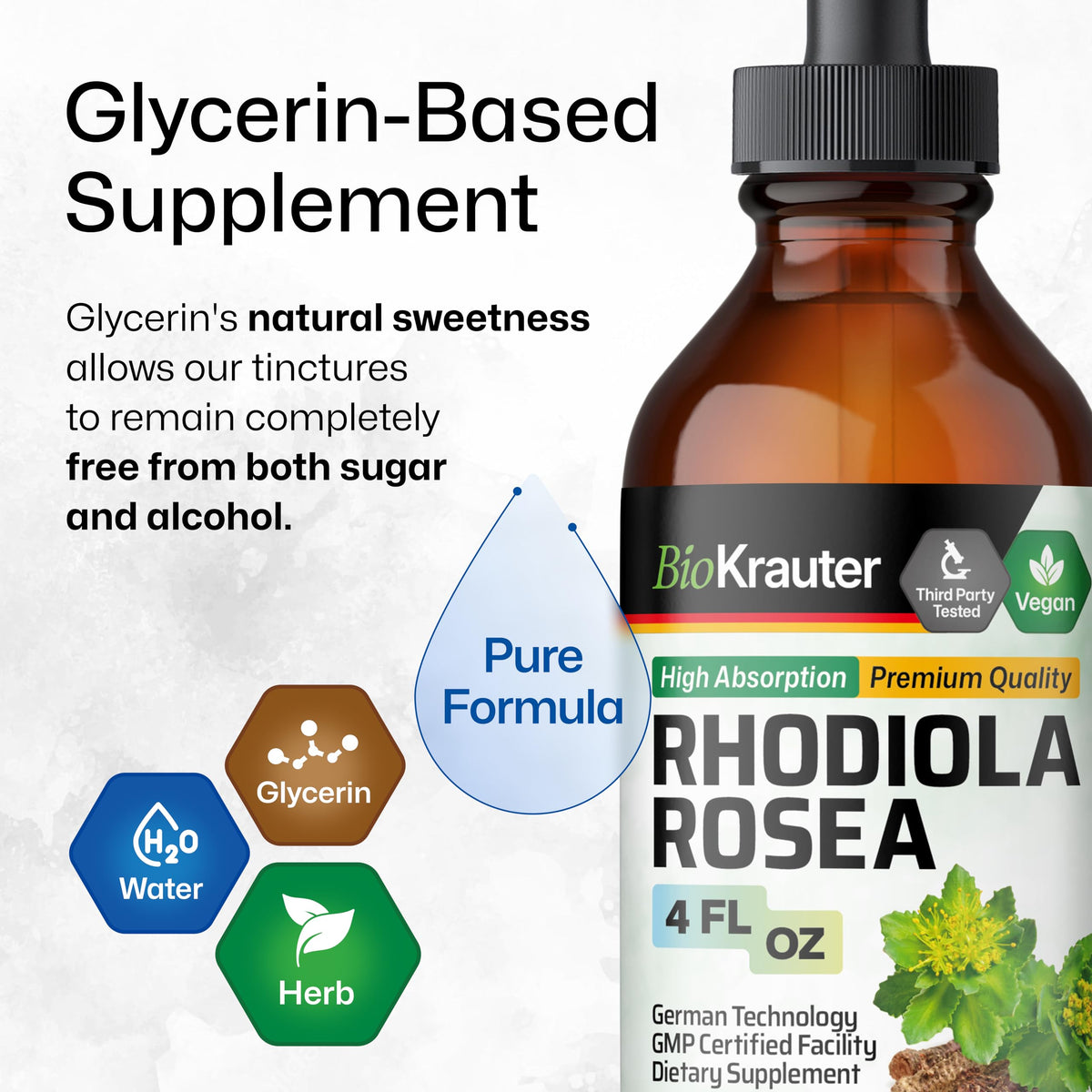 Ingrédients de la teinture Rhodiola Rosea BIO KRAUTER sur l'étiquette