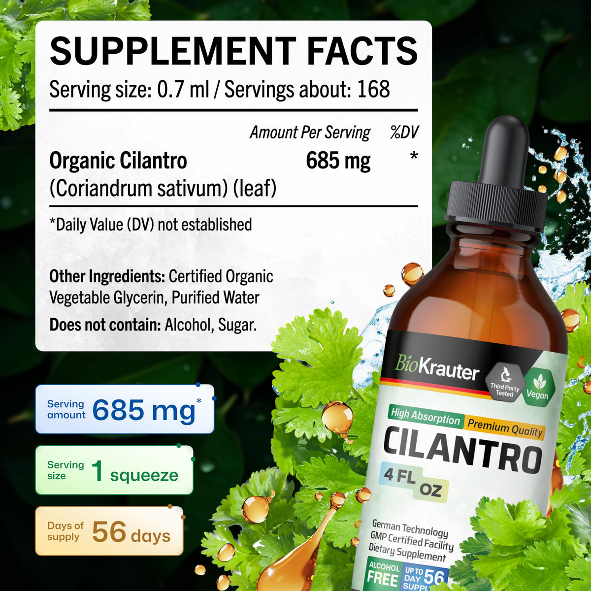 Ingrédients de la tincture de coriandre BIO KRAUTER sur une table