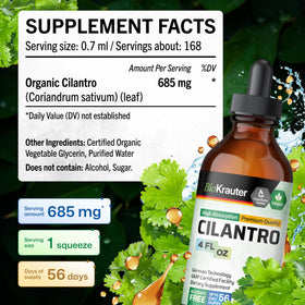 Ingrédients de la tincture de coriandre BIO KRAUTER sur une table