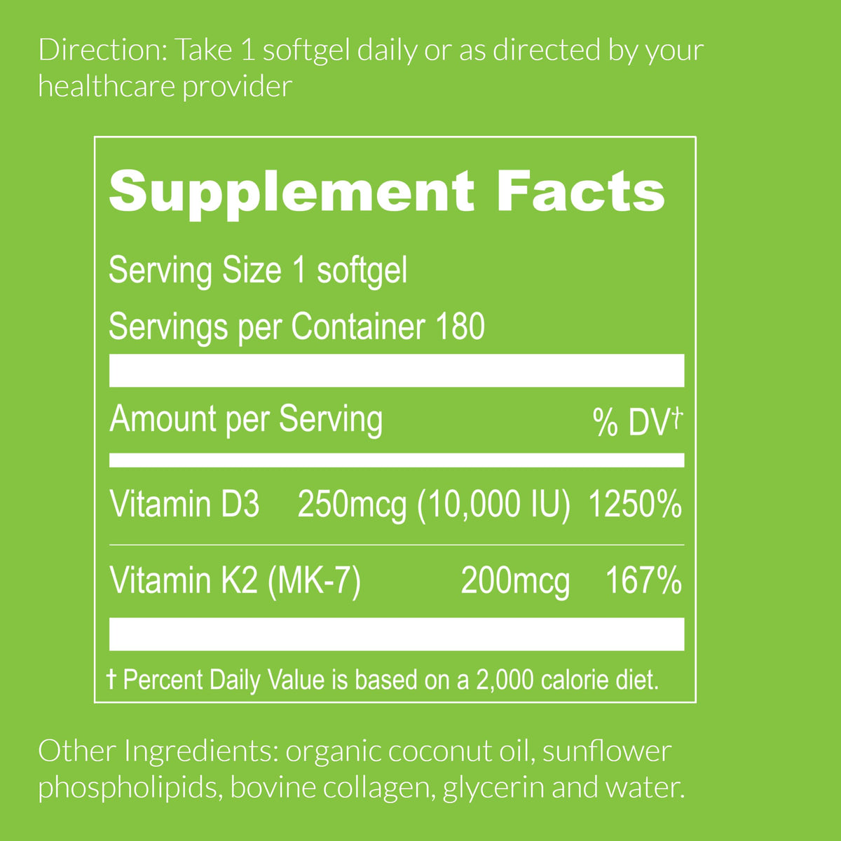 Ingrédients de la vitamine D3 K2 UpNourish sur l'étiquette