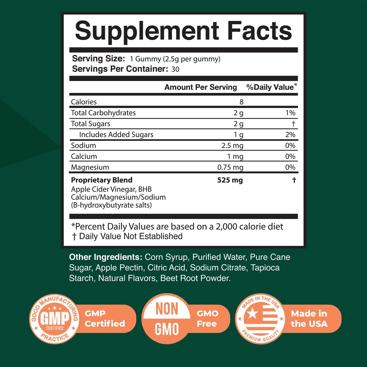 Ingrédients de Leanzene Gummy ACV BHB sur une surface plane