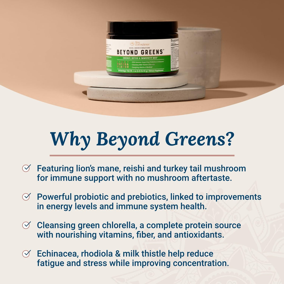 Ingrédients de Live Conscious Beyond Greens sur une table
