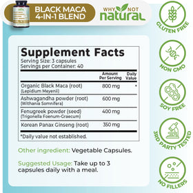 Ingrédients de Maca Noire Bio, Ashwagandha, Fenugrec et Ginseng