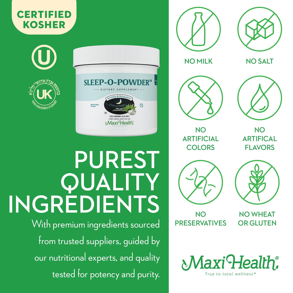 Ingrédients de Maxi Health Sleep-O-Powder 191g sur l'emballage