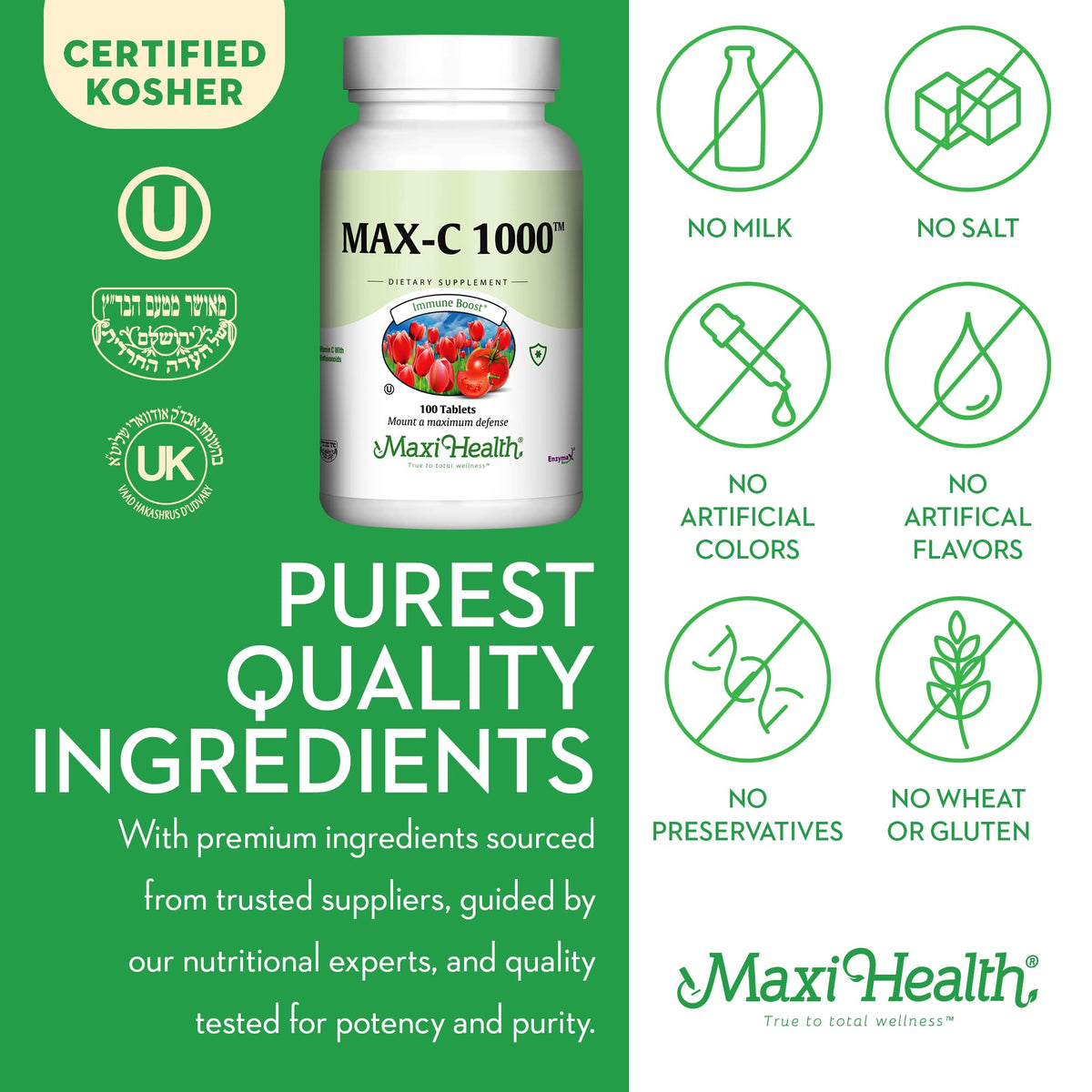 Ingrédients de Maxi Health Vitamine C 1000 mg sur l'emballage