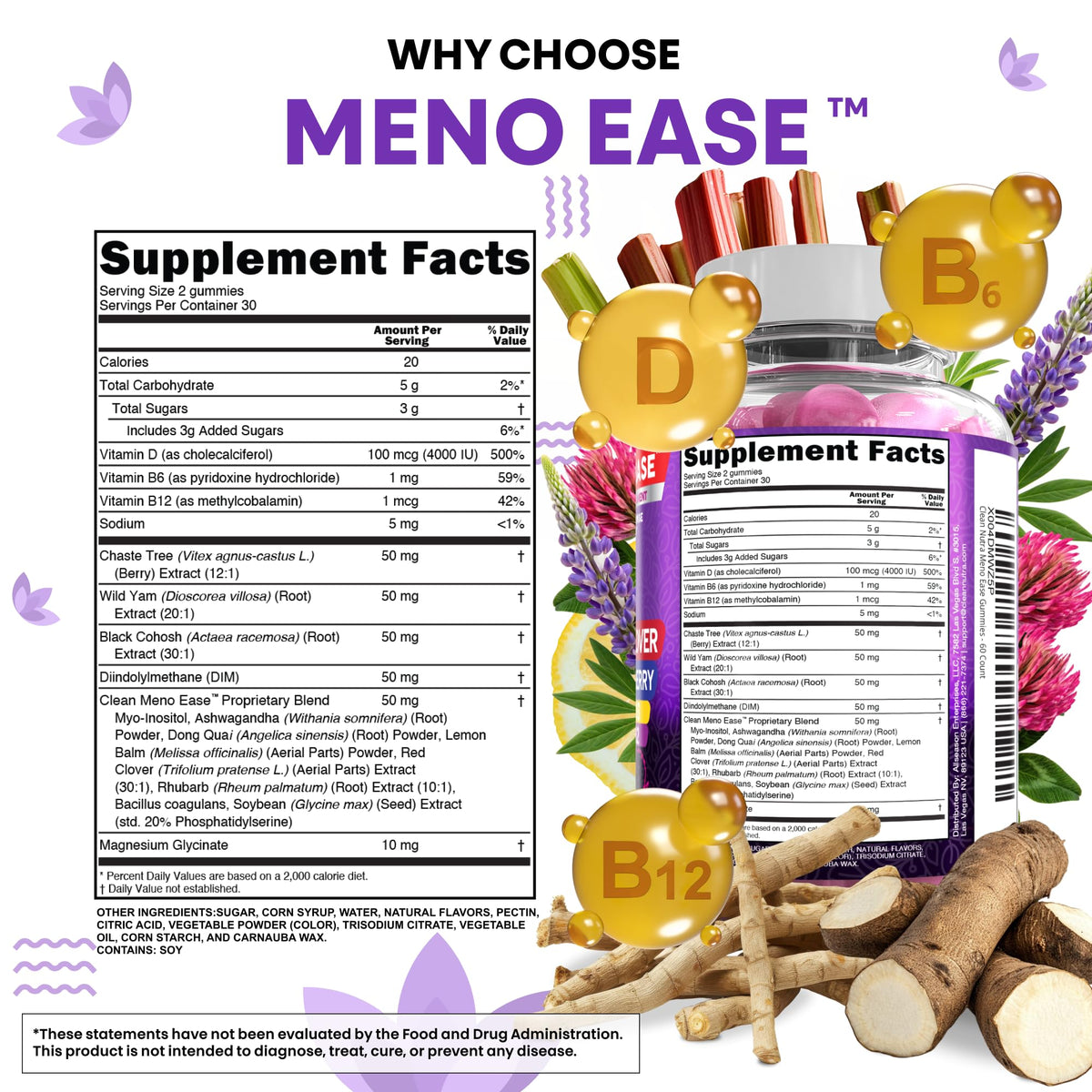 Ingrédients de Meno Ease Clean Nutraceuticals sur fond blanc