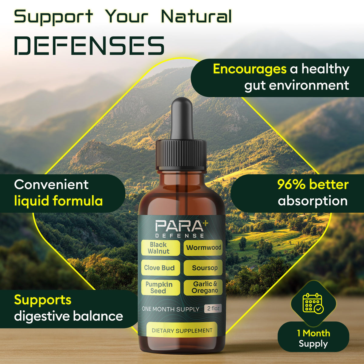 Ingrédients de Morpha Organics Para Defense sur fond blanc