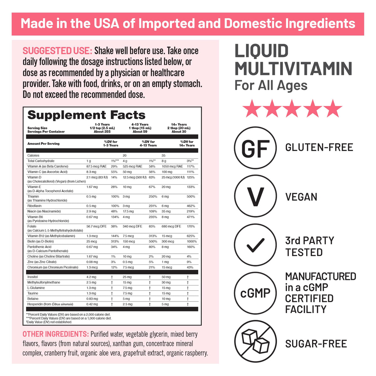 Ingrédients de NatureWise Multivitamine Liquide sur une table