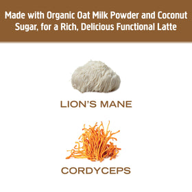 Ingrédients de OM MUSHROOM SUPERFOOD Café Latte sur une table en bois