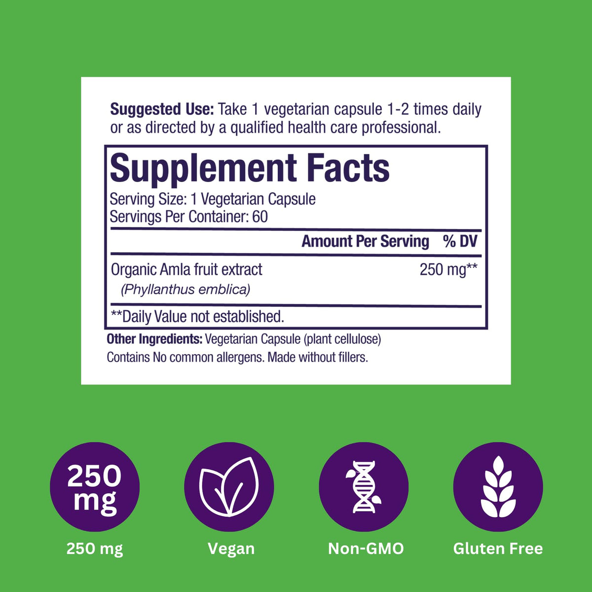 Ingrédients de Paradise Herbs Amla 250 mg sur l'emballage