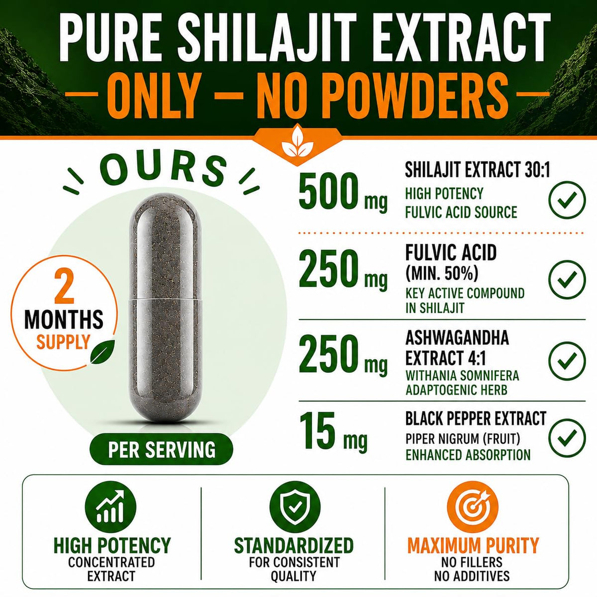 Ingrédients de Shilajit HCL sur une table
