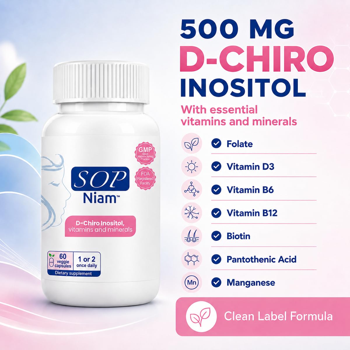 Ingrédients de SOP NIAM D-Chiro Inositol 500mg sur l'étiquette