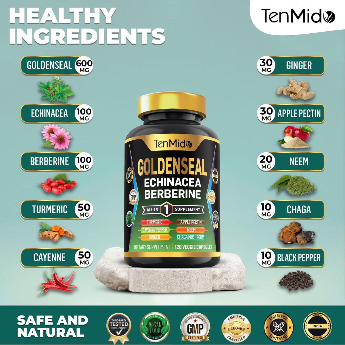 Ingrédients de Tenmido Racine de Goldenseal avec étiquettes