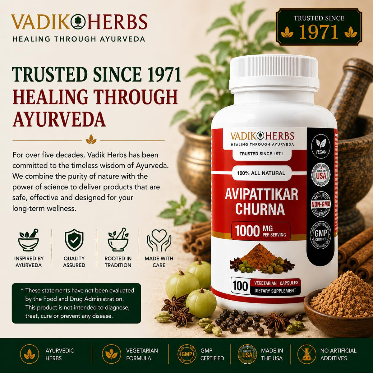 Ingrédients de Vadik Herbs Avipattikar Churna sur une table