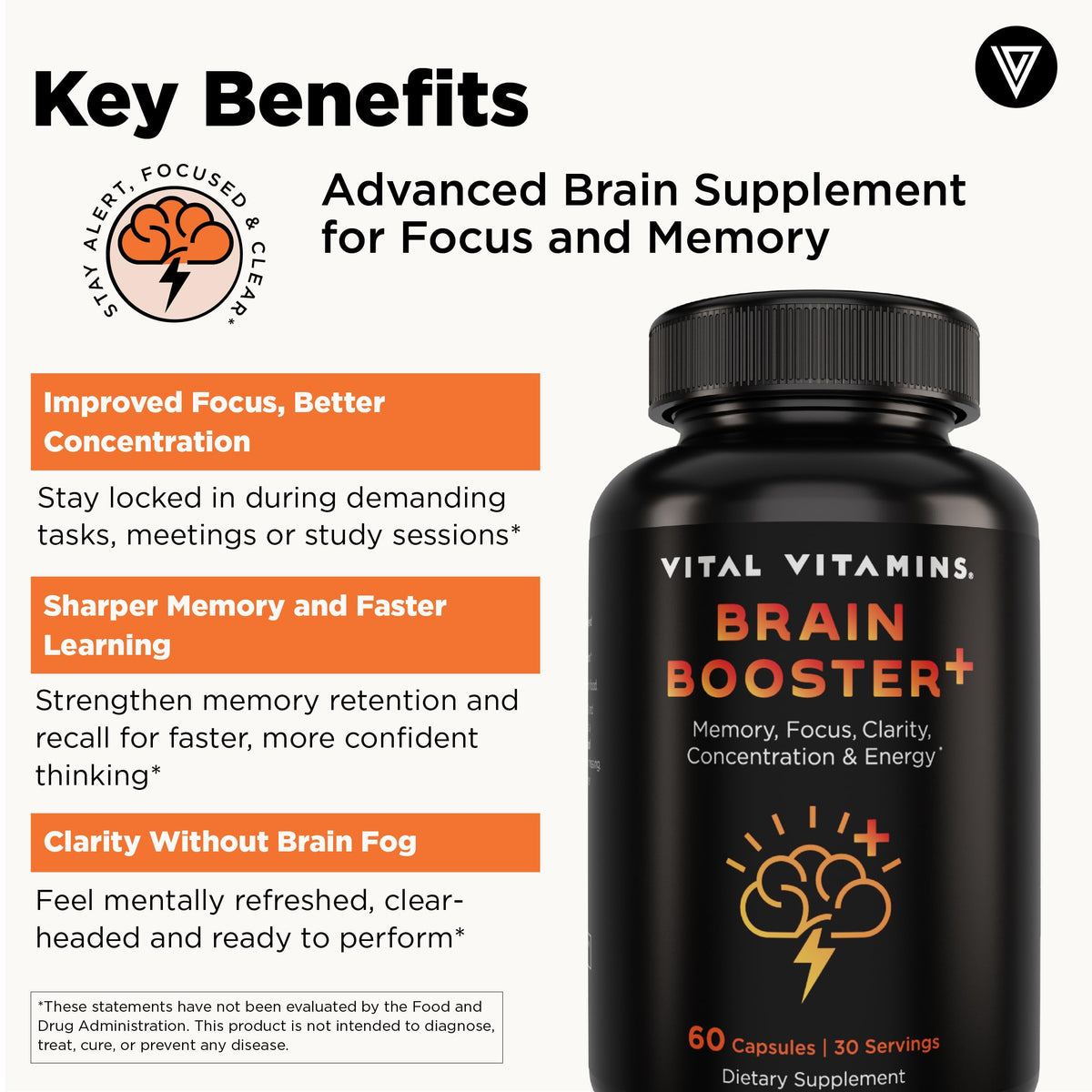 Ingrédients de Vital Vitamins Brain support Plus sur une table