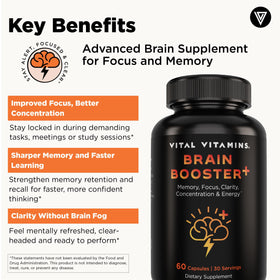 Ingrédients de Vital Vitamins Brain support Plus sur une table