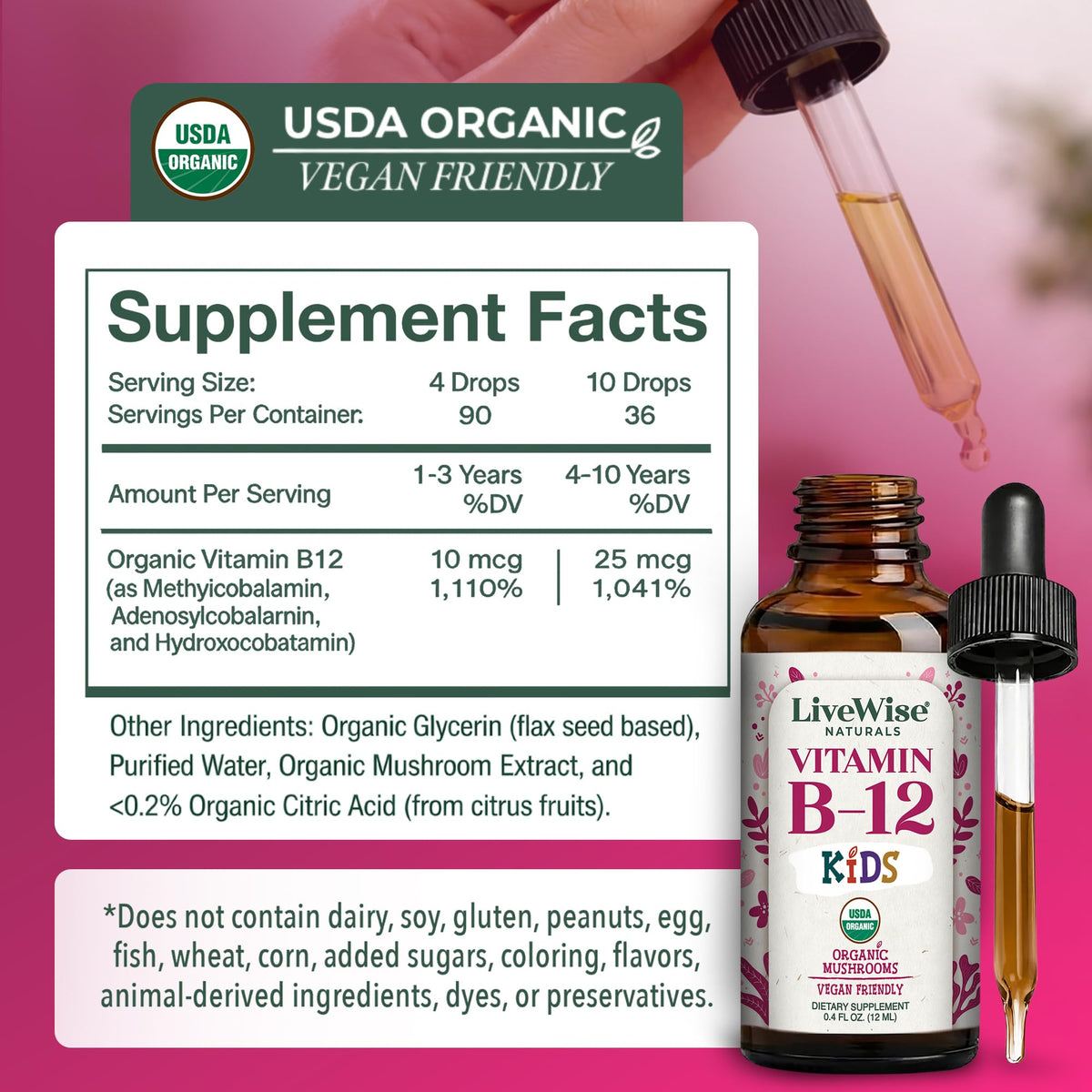Ingrédients de Vitamine B12 liquide, source de champignons fermentés
