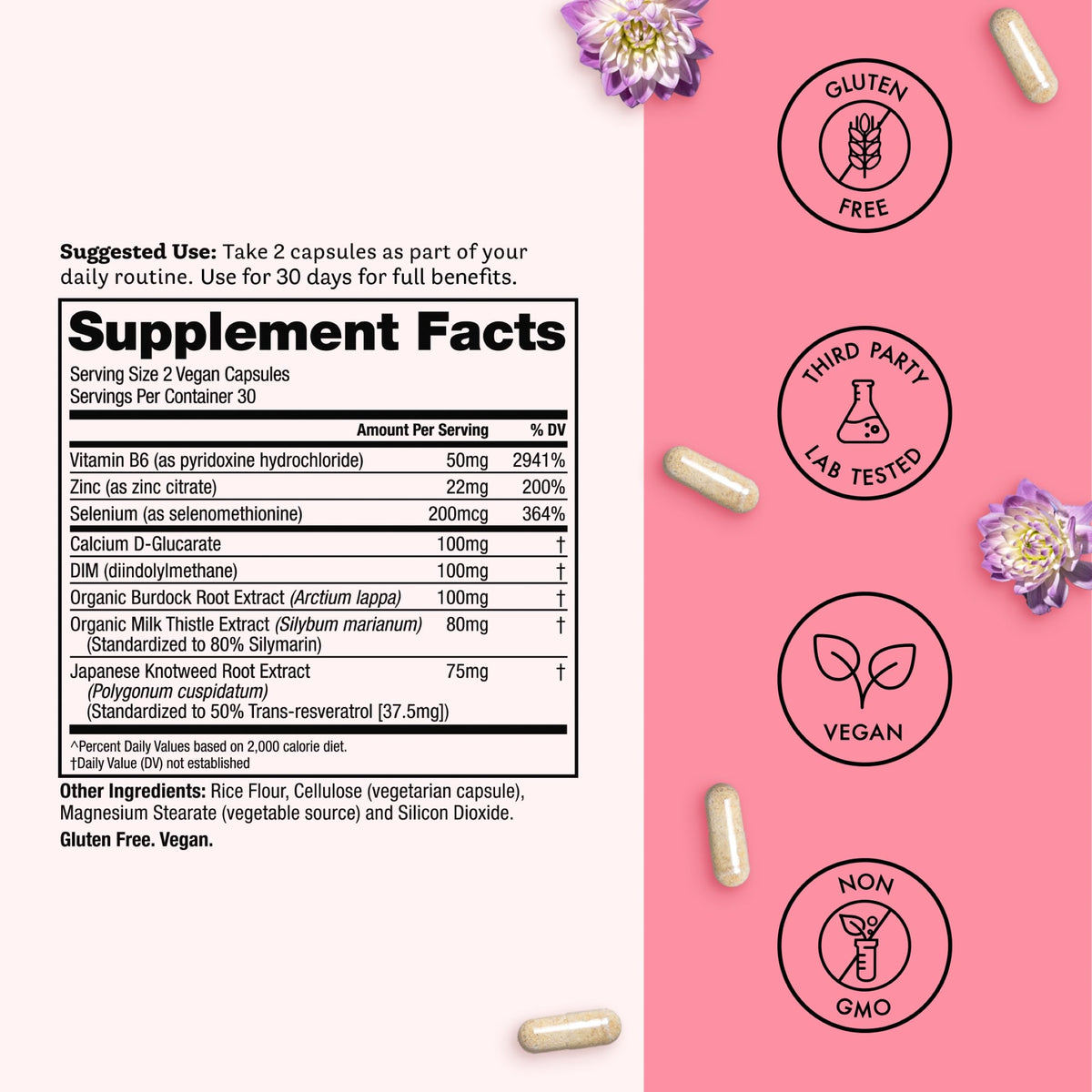 Ingrédients des capsules Balanced Babe, affichés sur une table