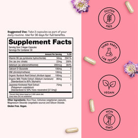 Ingrédients des capsules Balanced Babe, affichés sur une table