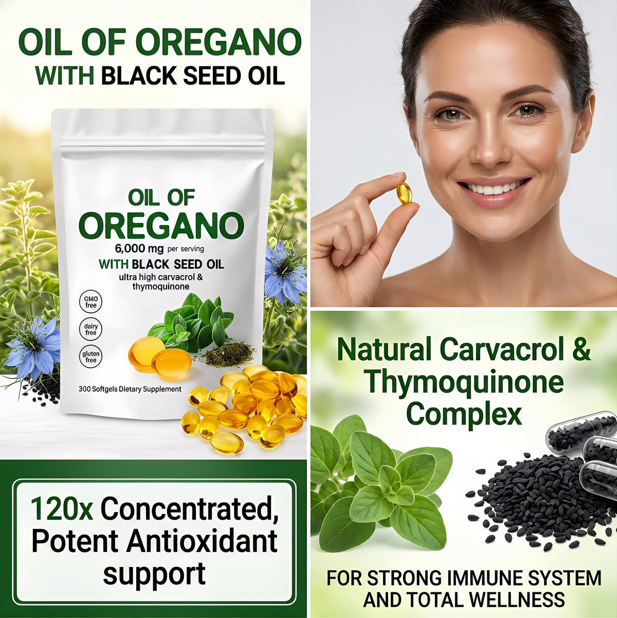 Ingrédients des capsules d'huile d'origan WOXMA sur fond blanc