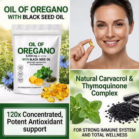 Ingrédients des capsules d'huile d'origan WOXMA sur fond blanc