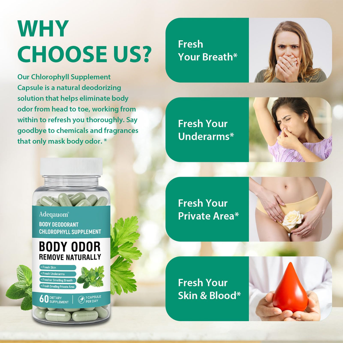 Ingrédients des capsules de chlorophylle Adeqauom sur fond blanc