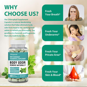 Ingrédients des capsules de chlorophylle Adeqauom sur fond blanc