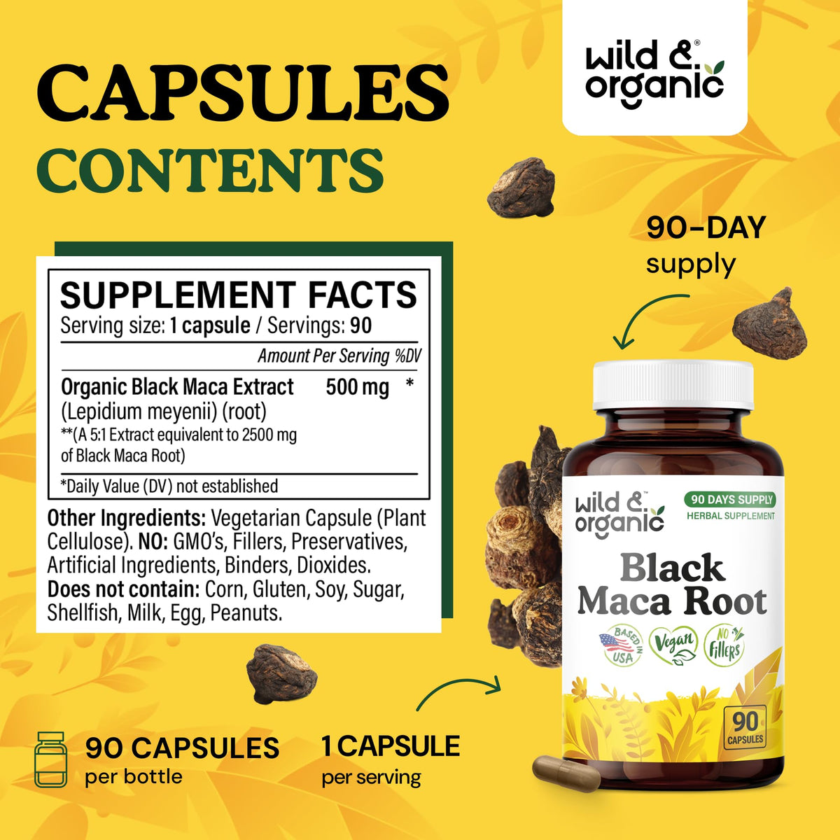 Ingrédients des capsules de maca noire Wild & Organic