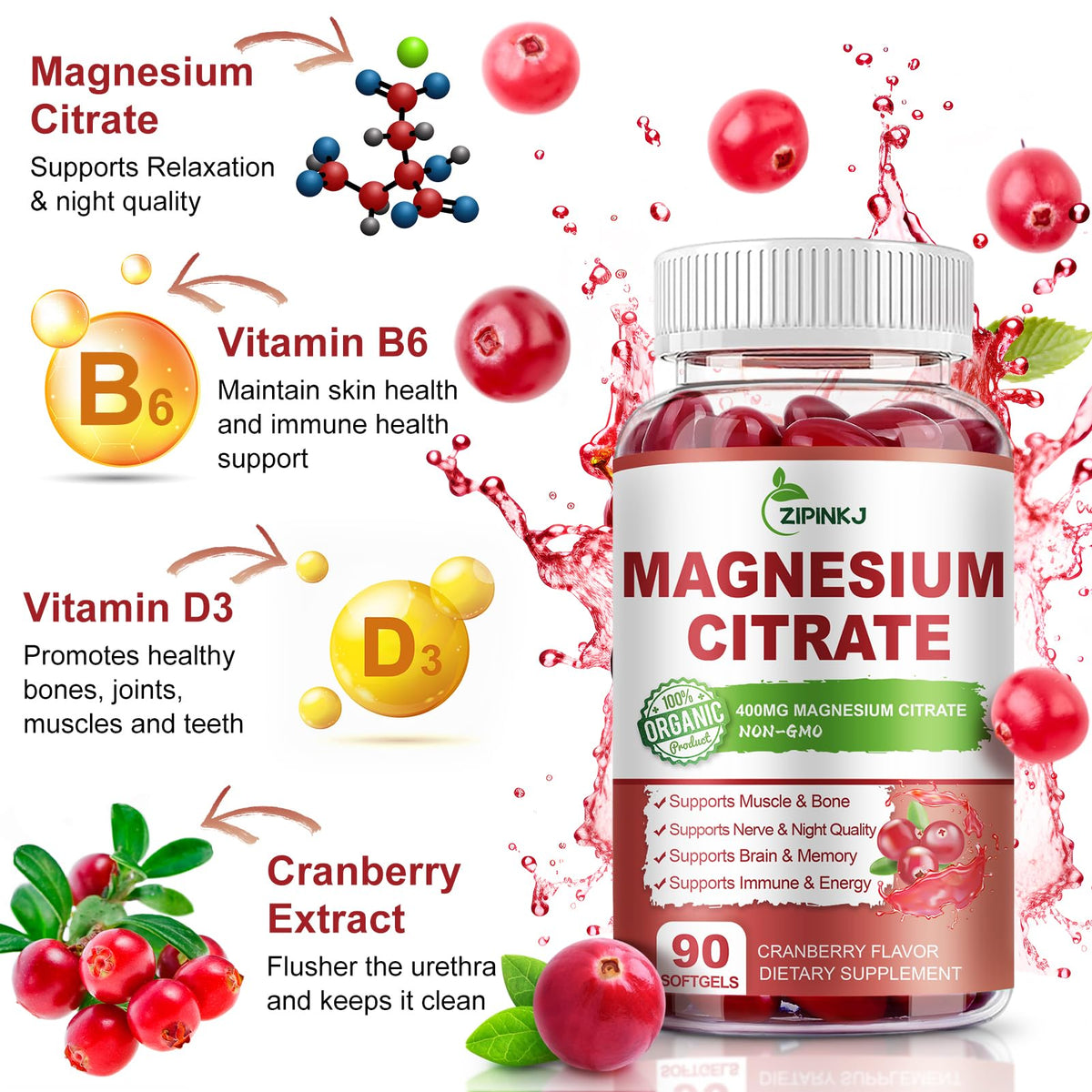 Ingrédients des capsules de magnésium citrate ZIPINKJ, flacon ouvert