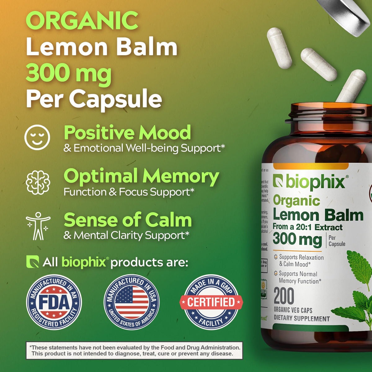 Ingrédients des capsules de mélisse biologique biophix sur fond blanc