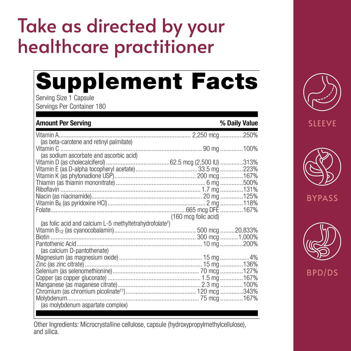 Ingrédients des capsules de multivitamines ADEK de Bariatric Advantage