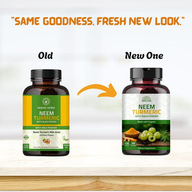 Ingredients des capsules de neem et curcuma sur un fond blanc