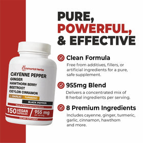 Ingrédients des capsules de poivre de cayenne Immortal Herbs, affichage des plantes