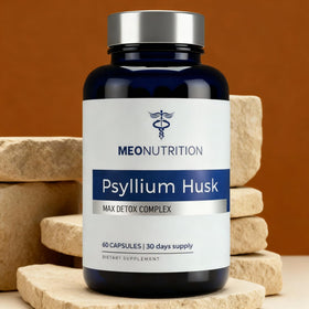 Ingrédients des capsules de psyllium Meo Nutrition sur fond blanc