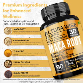 Ingrédients des Capsules de Racine de Maca AlturaWise sur une table