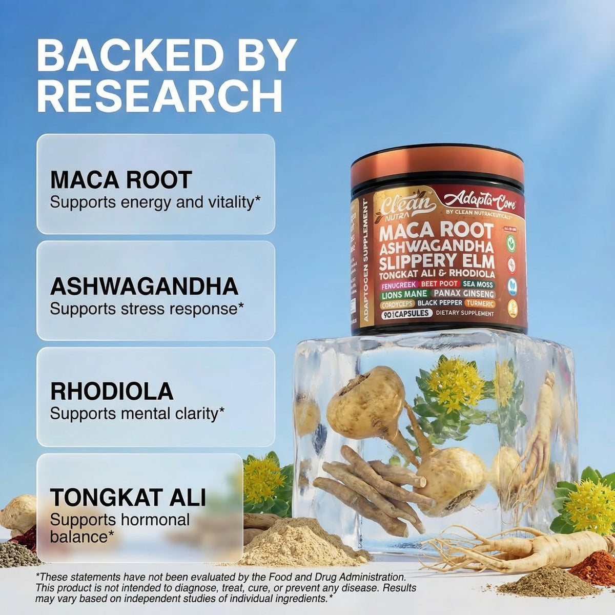 Ingrédients des capsules de racine de maca bio Clean Nutraceuticals
