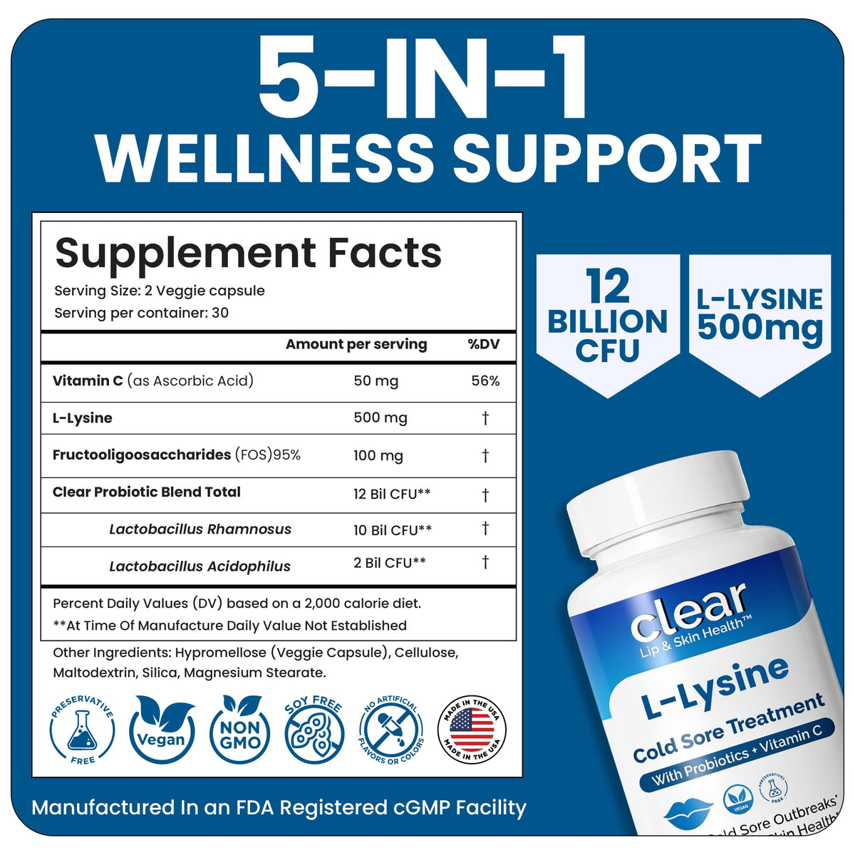 Ingrédients des capsules L-Lysine Clear Probiotics sur fond blanc