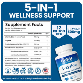 Ingrédients des capsules L-Lysine Clear Probiotics sur fond blanc