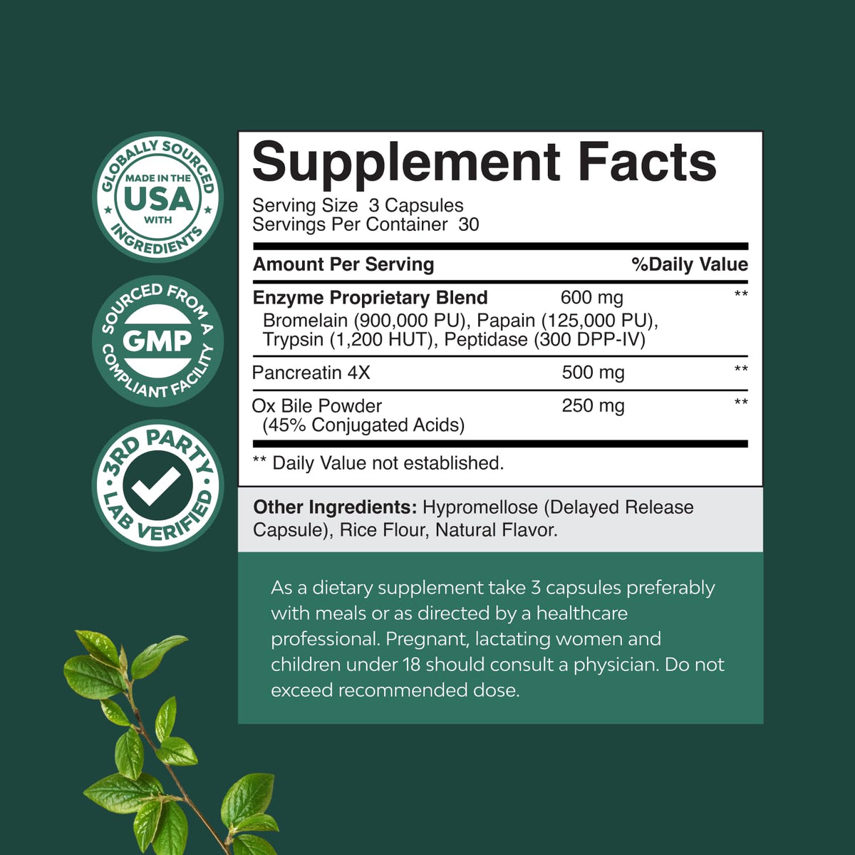Ingrédients des capsules Natures Craft Multi-Enzymes sur l'étiquette