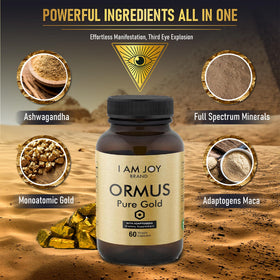 Ingrédients des capsules Ormus Gold I Am Joy sur une table
