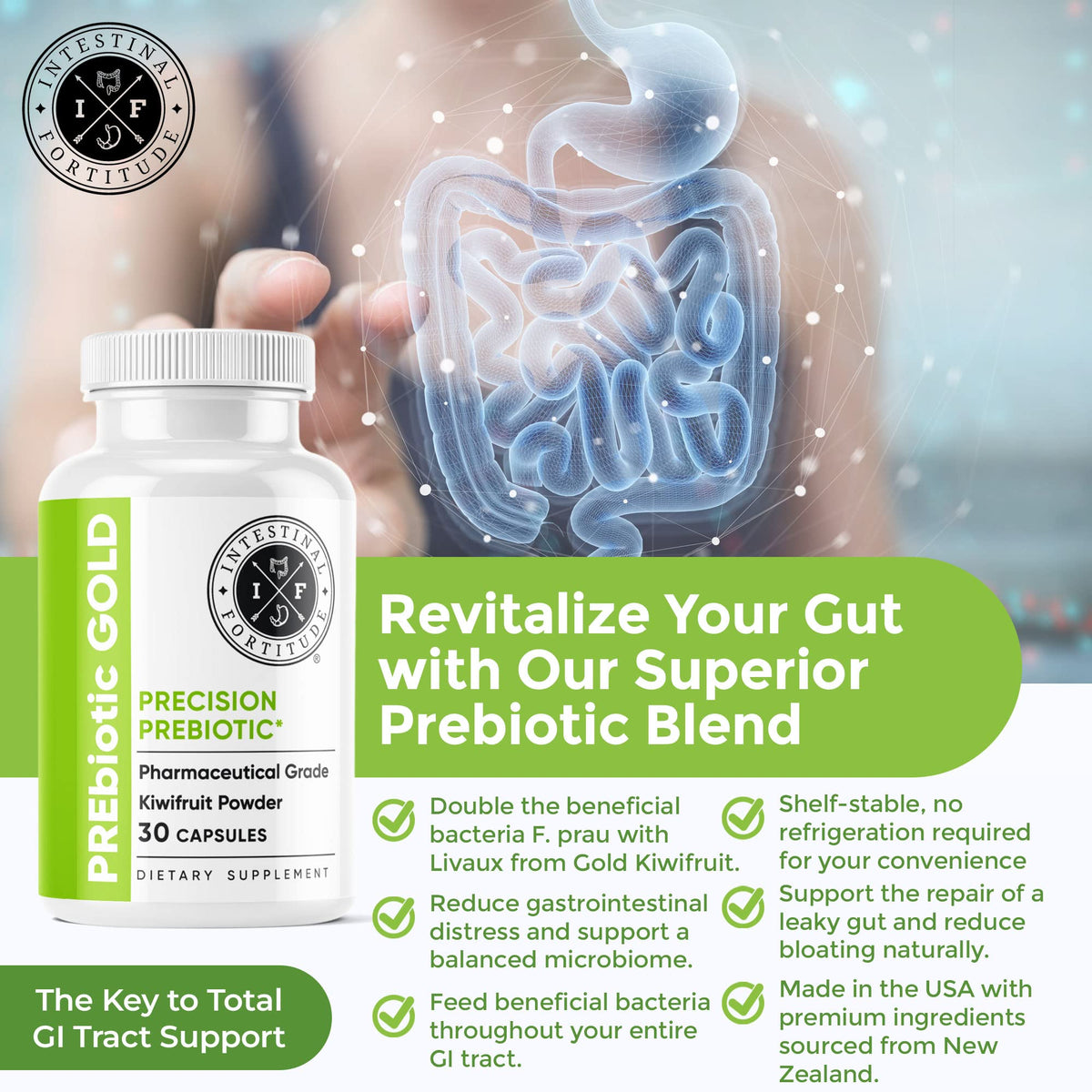 Ingrédients des capsules prébiotiques Gold Kiwi d'Intestinal Fortitude