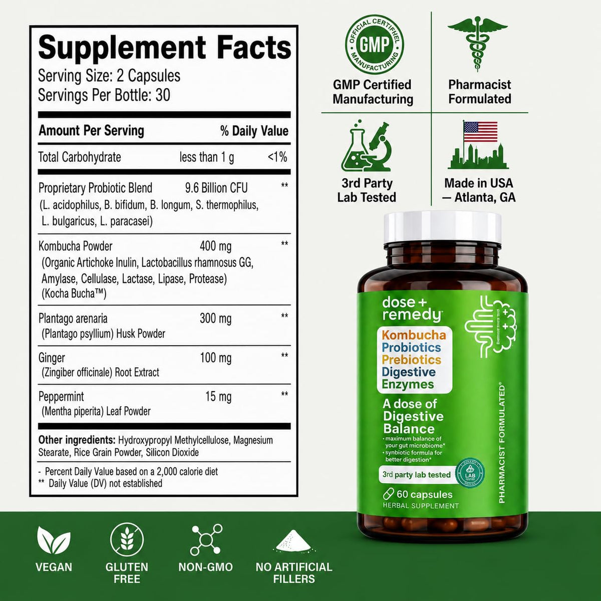 Ingrédients des capsules probiotiques Kombucha dose + remedy