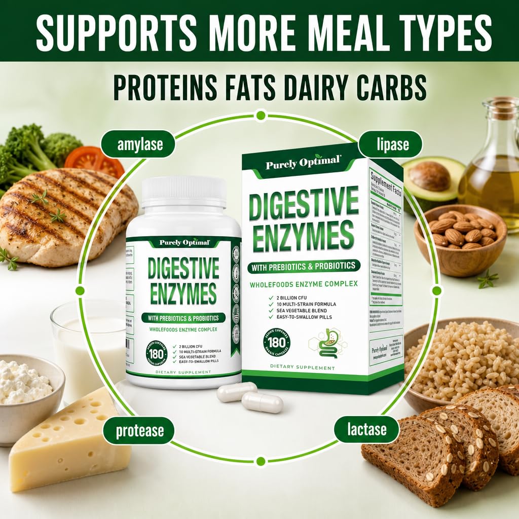 Ingrédients des compléments alimentaires multi-enzymes Purely Optimal sur une table