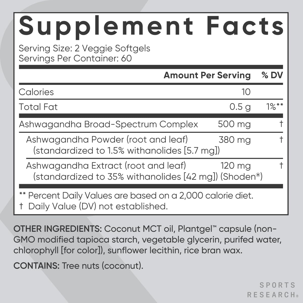 Ingrédients des gélules d'Ashwagandha Sports Research