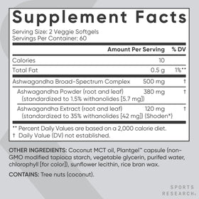 Ingrédients des gélules d'Ashwagandha Sports Research