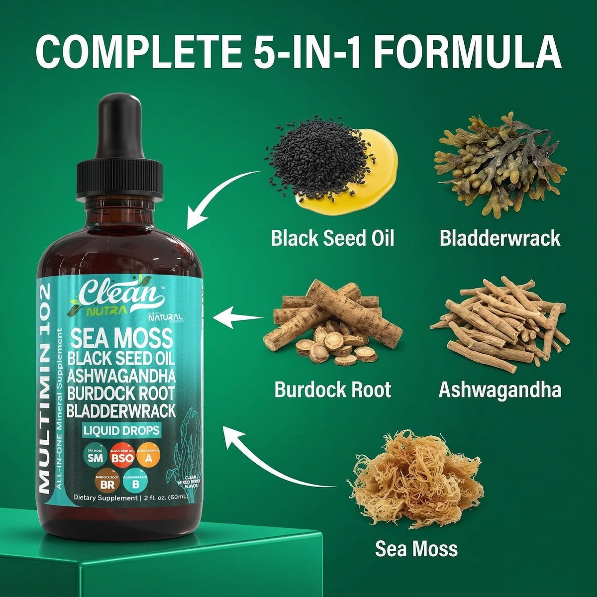 Ingrédients des Gouttes de Mousse de Mer Clean Nutraceuticals sur une table