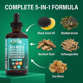 Ingrédients des Gouttes de Mousse de Mer Clean Nutraceuticals sur une table